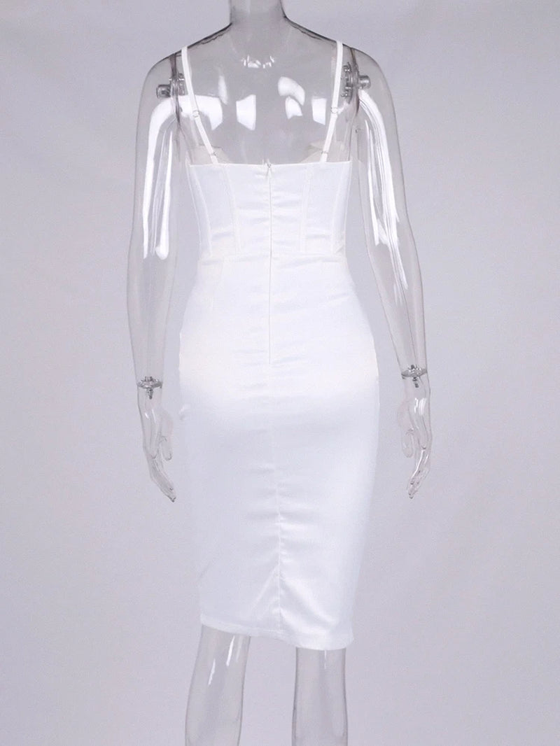 Newasia Satin Corset Dress Spaghetti Strap Boning Push up Padded 2 Layer Zip Midi Bodycon Dress Sexy Summer Dress for Women 2021