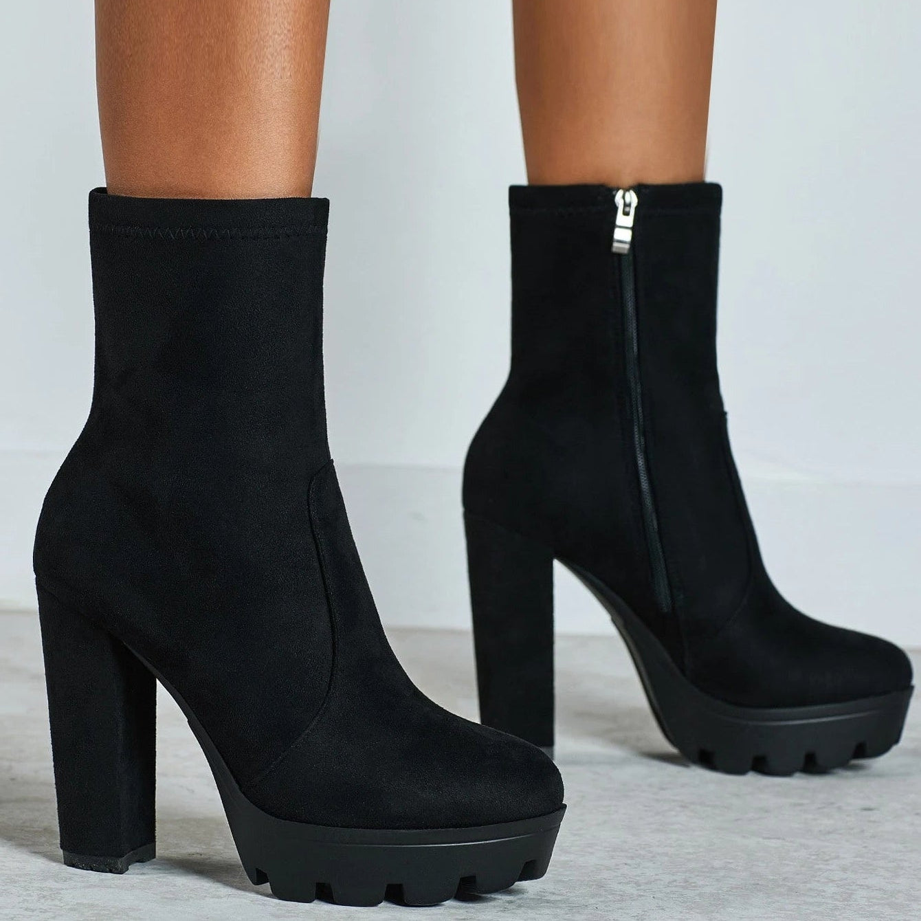 Women'S round Toe Chunky Heel Waterproof Platform Mid-Calf Boots, Side Zip Suede Autumn/Winter Boots
