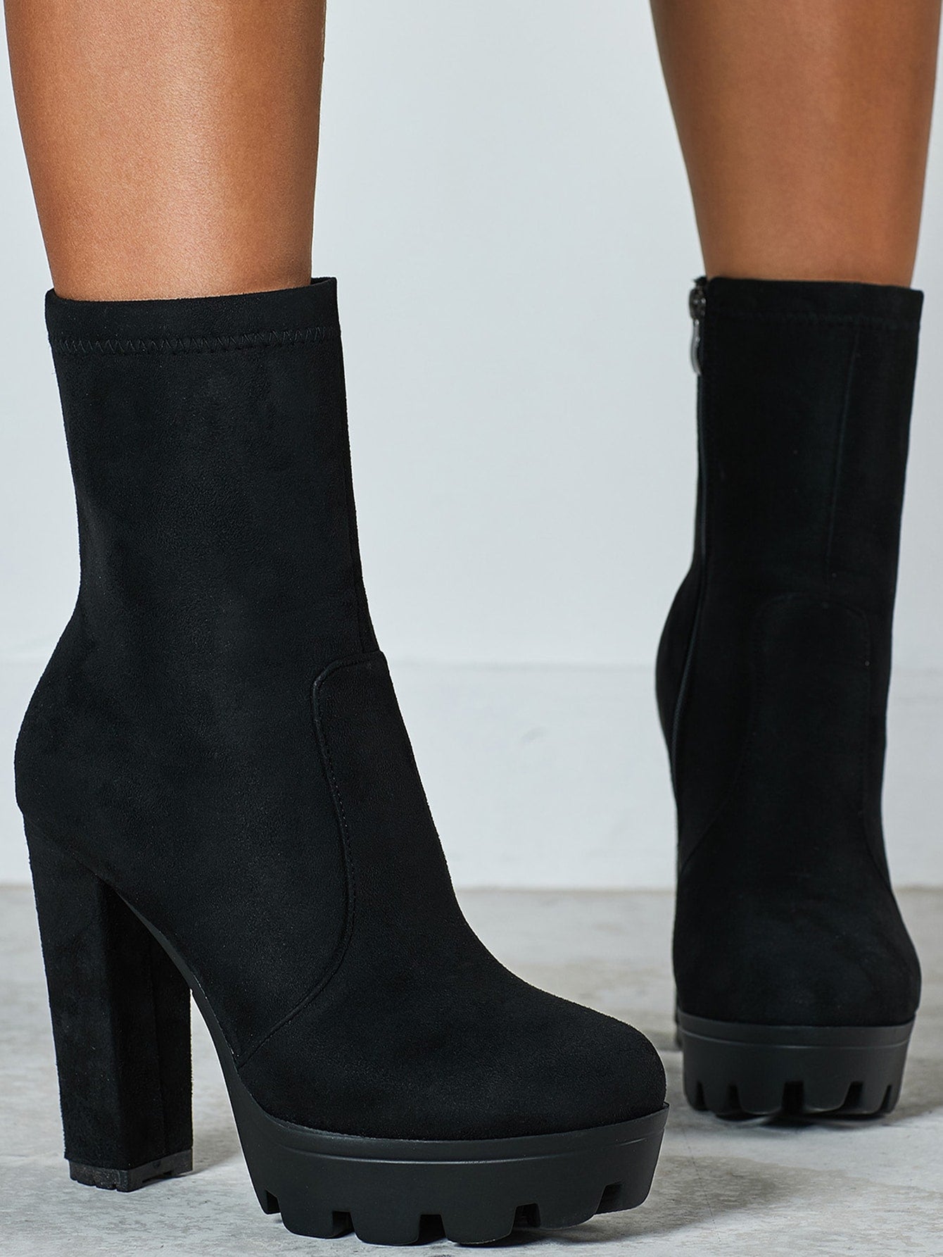 Women'S round Toe Chunky Heel Waterproof Platform Mid-Calf Boots, Side Zip Suede Autumn/Winter Boots