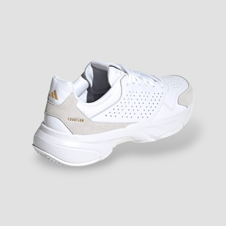 White Adidas Unisex Courtjam Control 3 Premium shoe behind side