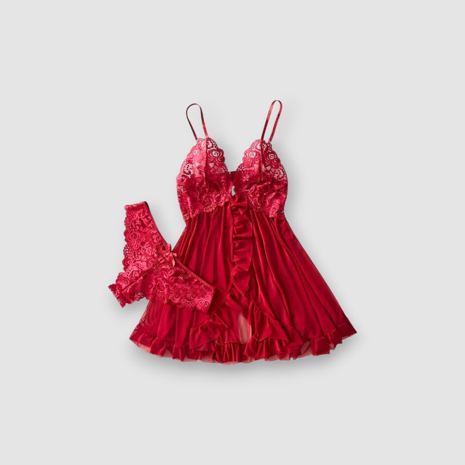 Red lace babydoll set front side on a light gray background
