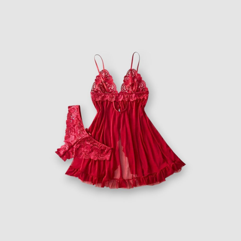 Red lace lingerie set back side on a light gray background
