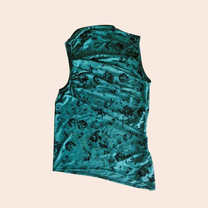 Tul sleeveless top with dark green pattern gathered hem