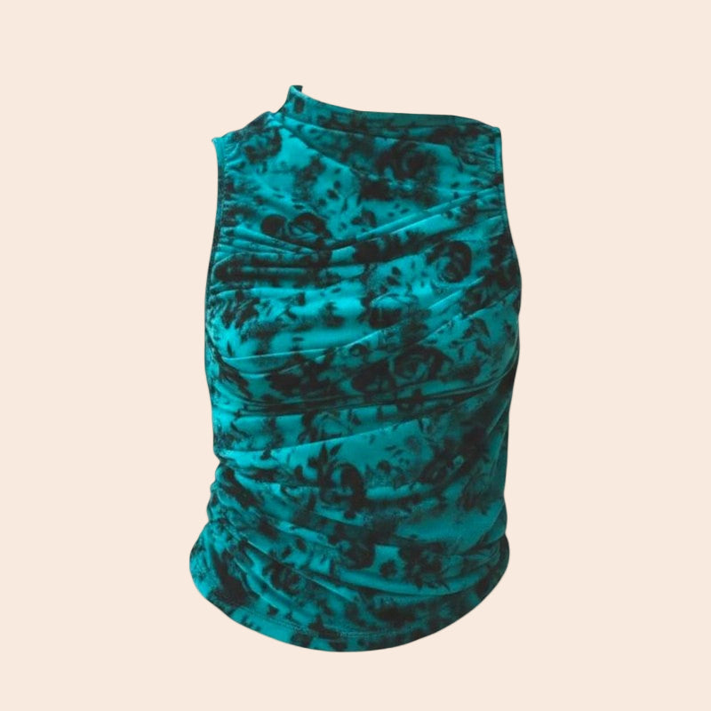 Green sleeveless top with dark green, gathered pleat