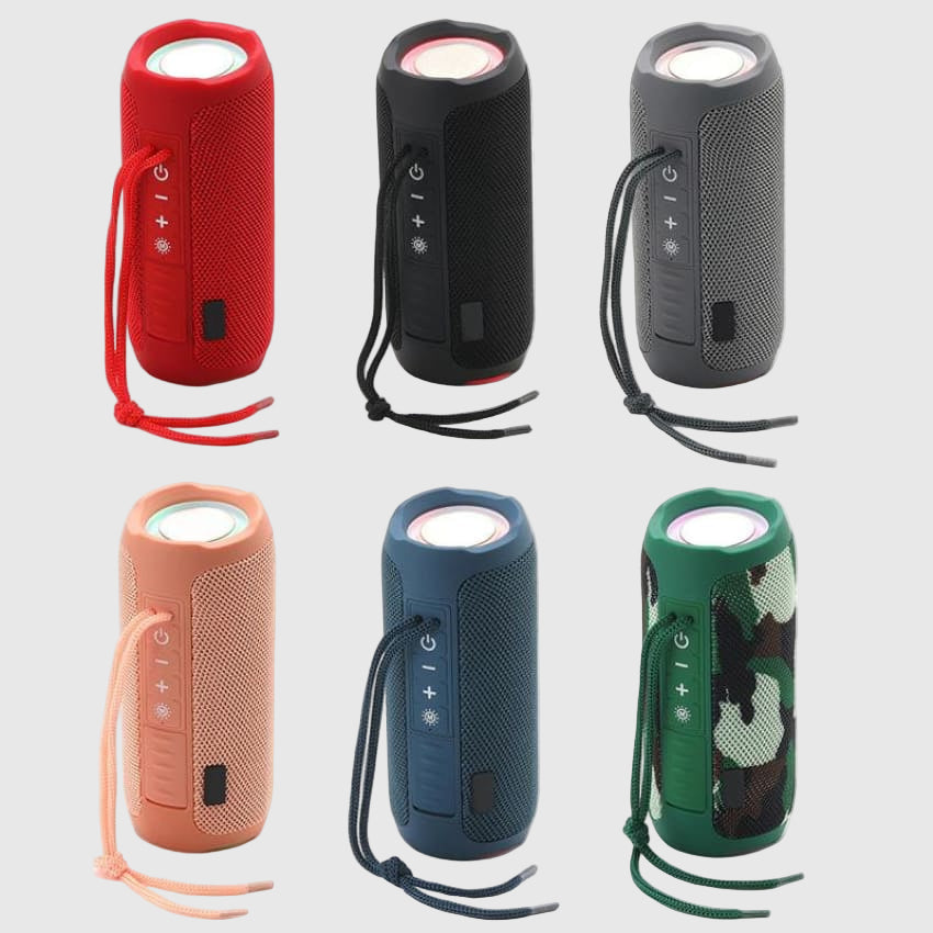 A collection of T&G Portable Bluetooth Speakers in various colors including red, black, gray, pink, blue, and green, each featuring a compact cylindrical design with a strap.