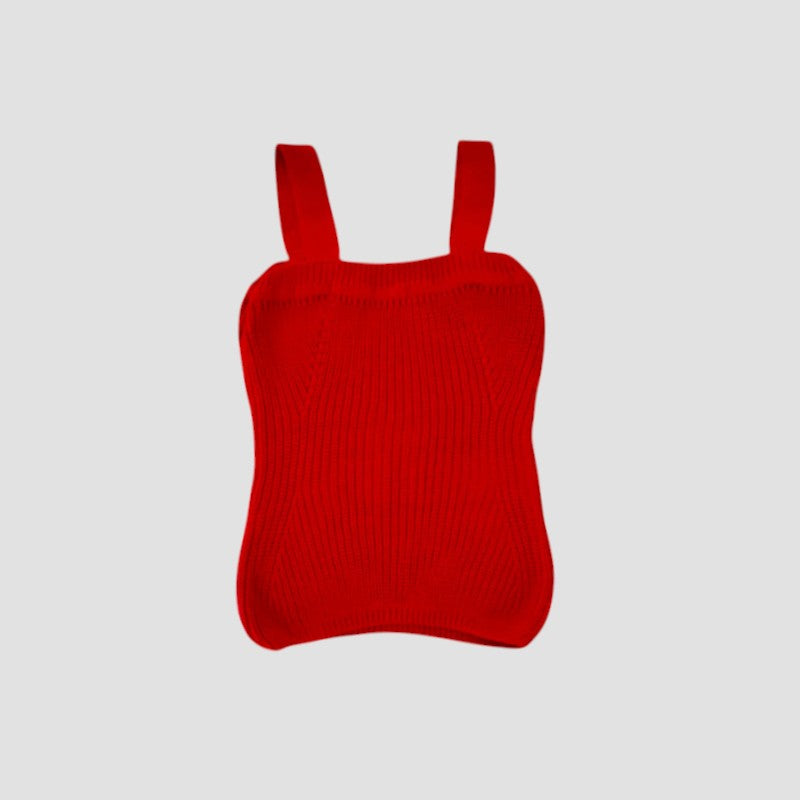 Red ribbed tank top with thin straps on a light gray background