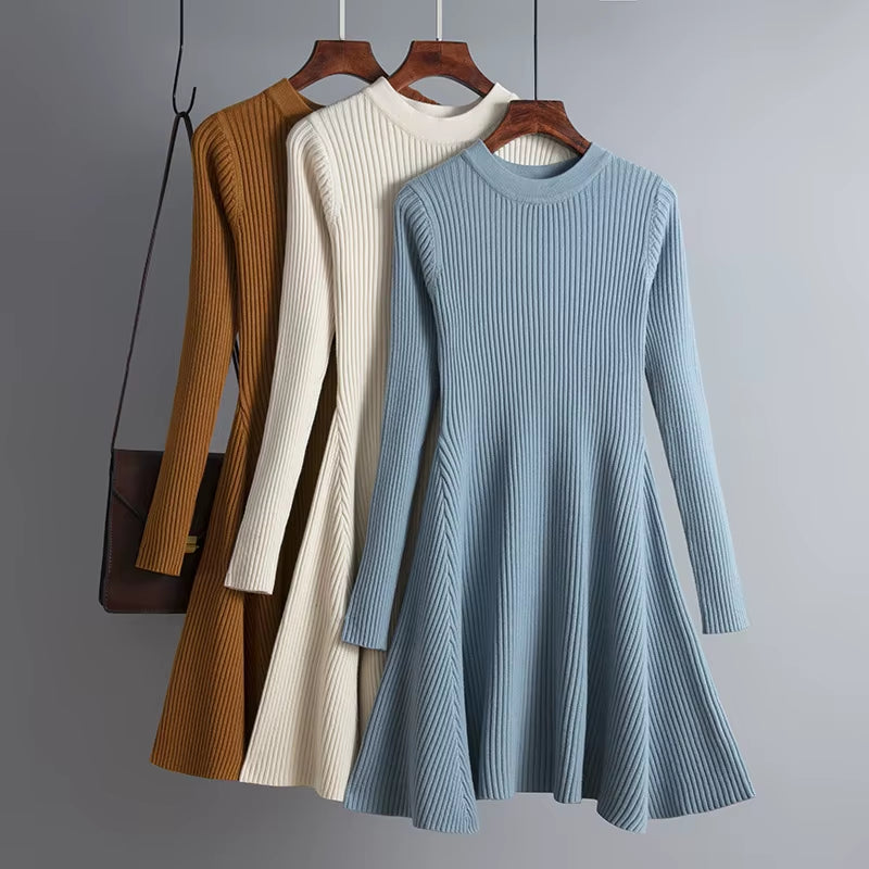 HLBCBG Basic Autumn Winter Short Aline Thick Sweater Dress Elegant Knit Dress Women Slim Mini Dress Female Chic Knit Sexy Dress