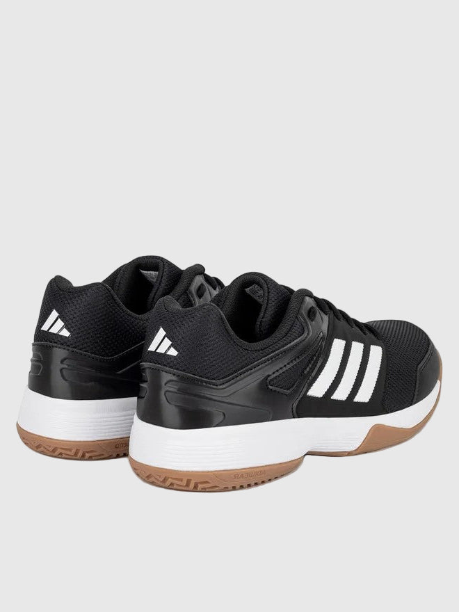 Black Adidas shoes with white stripes