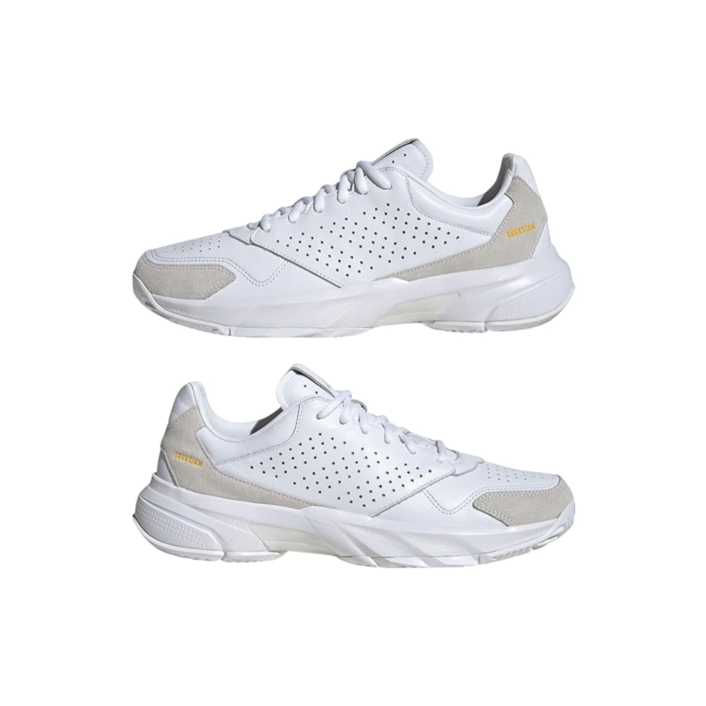 Pair of white and beige athletic shoes on a white background