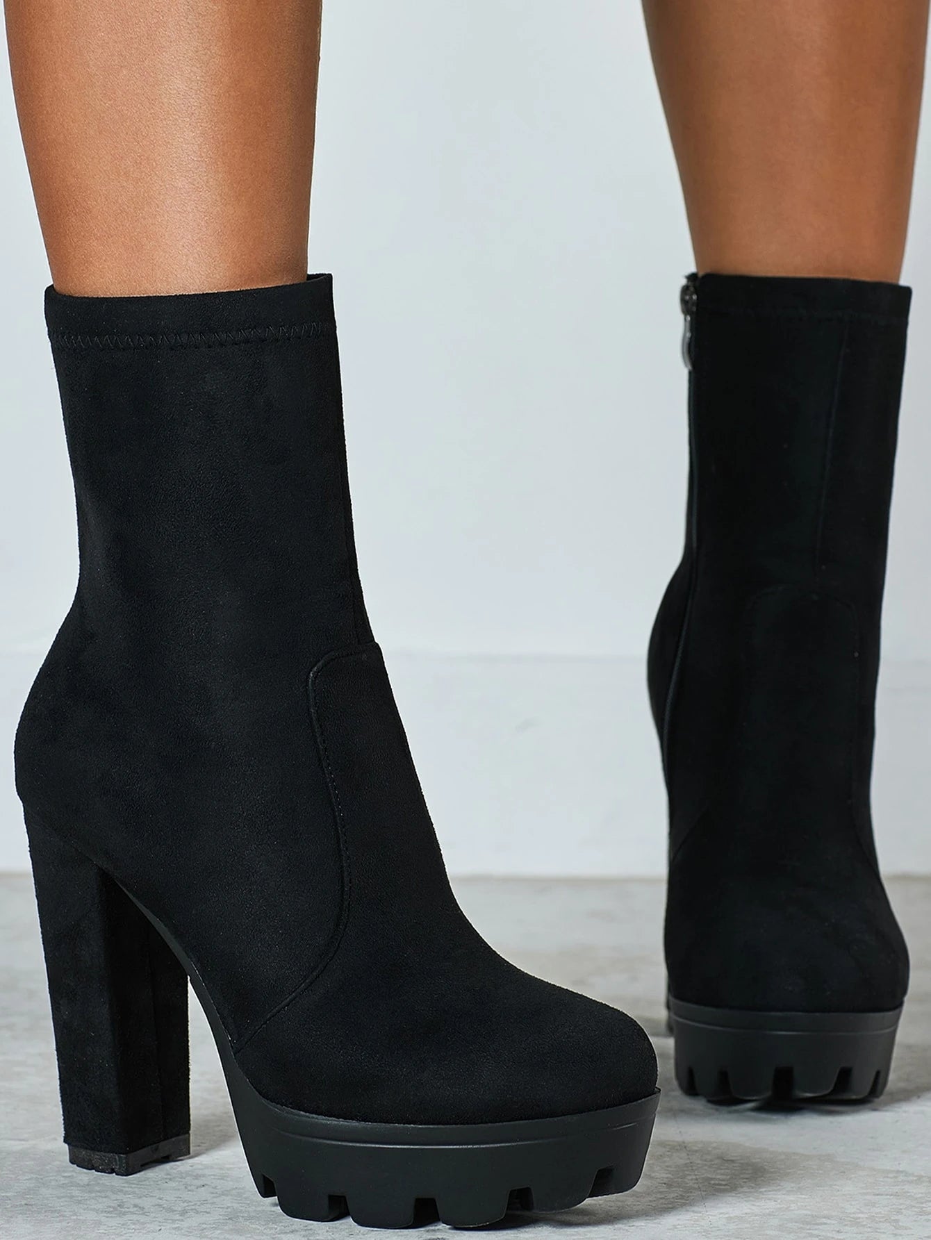 Women'S round Toe Chunky Heel Waterproof Platform Mid-Calf Boots, Side Zip Suede Autumn/Winter Boots