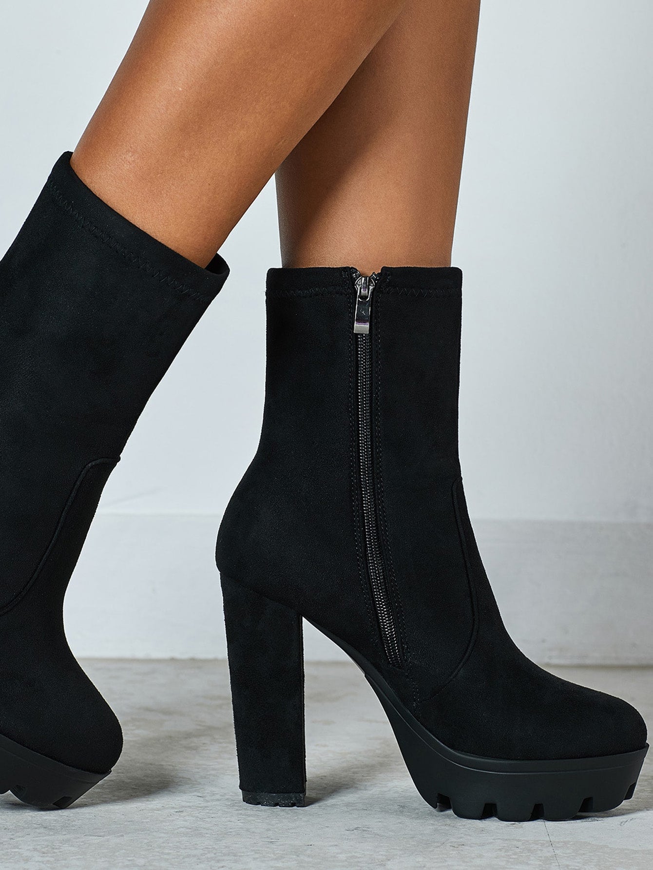 Women'S round Toe Chunky Heel Waterproof Platform Mid-Calf Boots, Side Zip Suede Autumn/Winter Boots