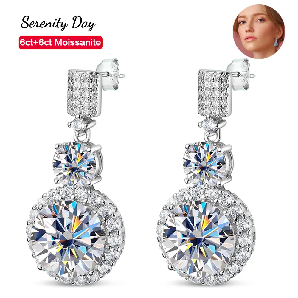 Serenity 12Cttw Big Moissanite Earrings for Women Wedding Bridal 100% S925 Sterling Silver Drop Earrings Plated 18K Fine Jewelry