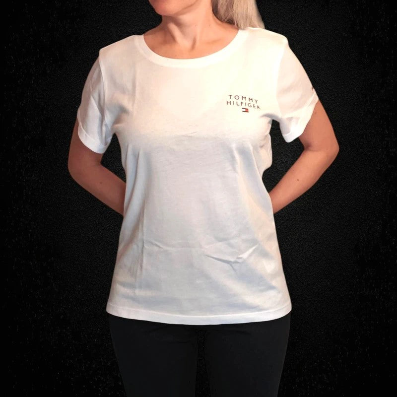 TOMMY HILFIGER Camiseta original, cuello redondo, estampado de logo, para mujer