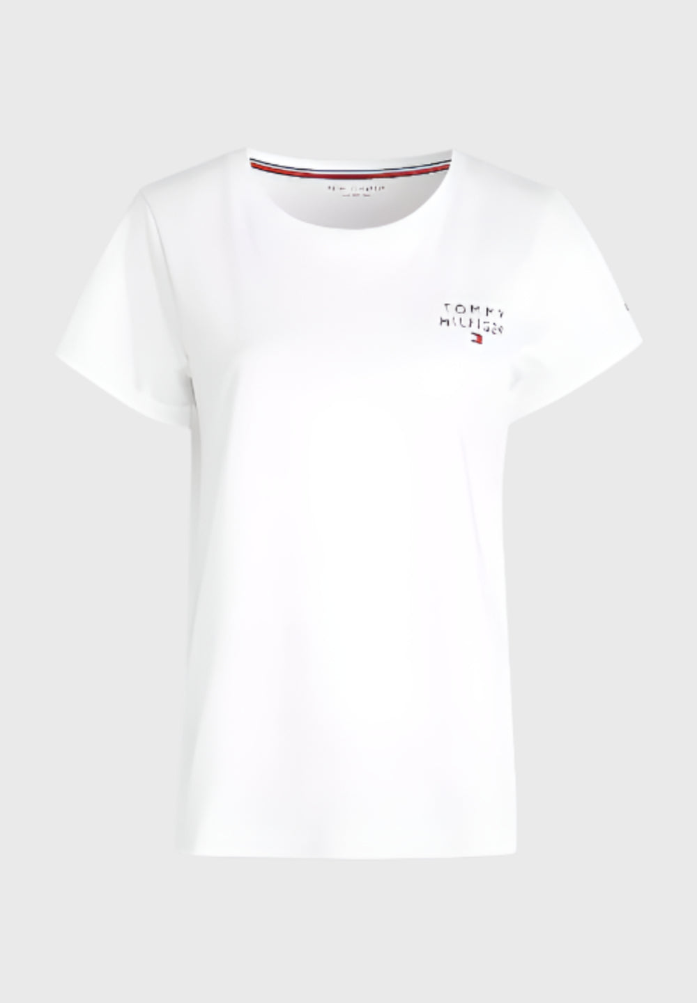 White t-shirt with Tommy Hilfiger logo on a white background