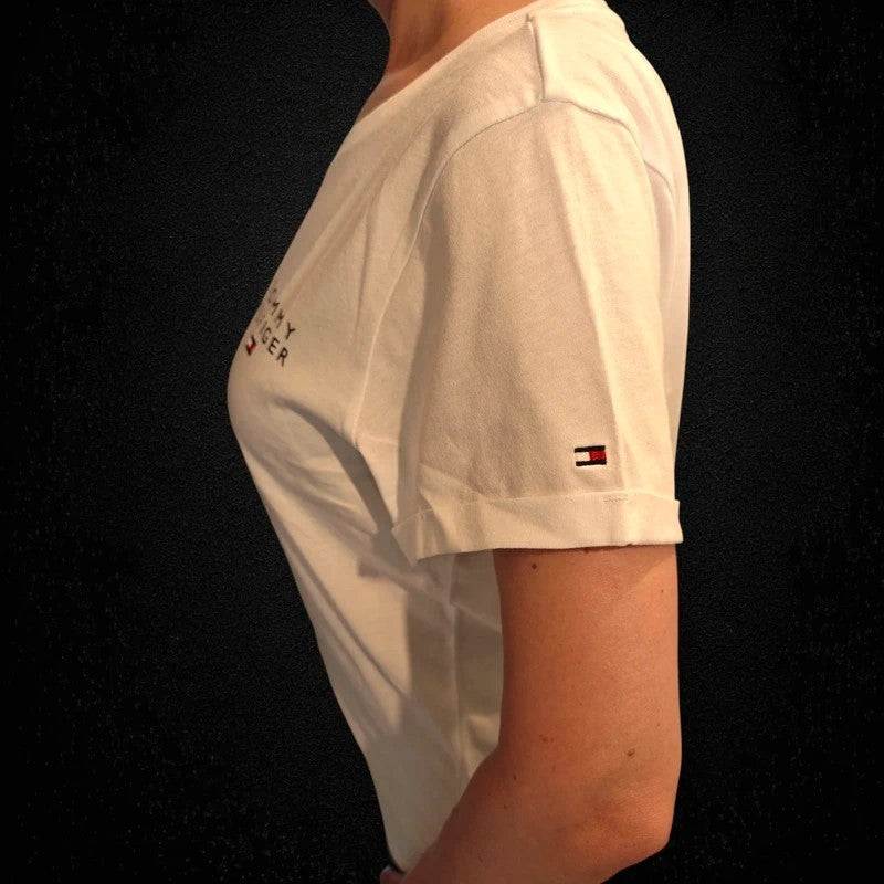 TOMMY HILFIGER Camiseta original, cuello redondo, estampado de logo, para mujer