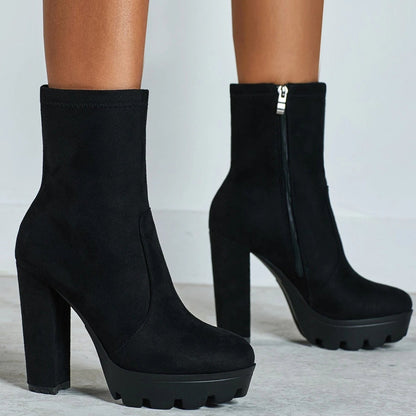 Women'S round Toe Chunky Heel Waterproof Platform Mid-Calf Boots, Side Zip Suede Autumn/Winter Boots