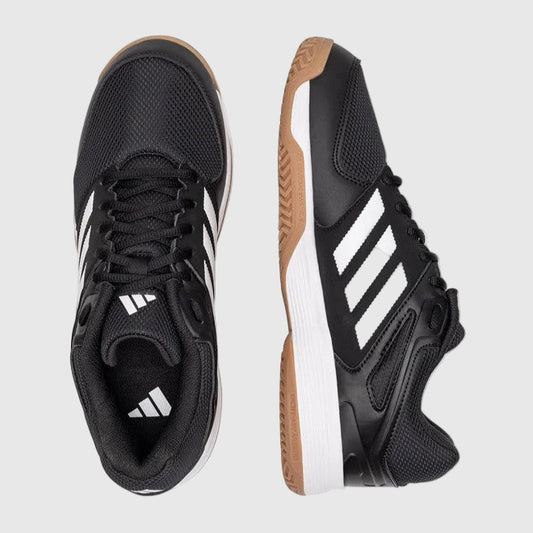 Black athletic shoes with white stripes