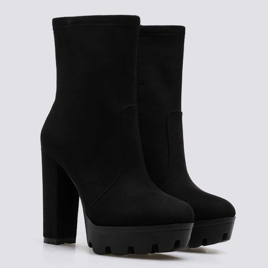 Women'S round Toe Chunky Heel Waterproof Platform Mid-Calf Boots, Side Zip Suede Autumn/Winter Boots