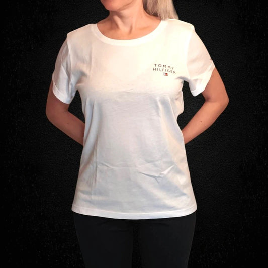 TOMMY HILFIGER Camiseta original, cuello redondo, estampado de logo, para mujer