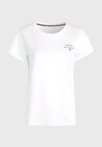 White t-shirt with Tommy Hilfiger logo on a white background