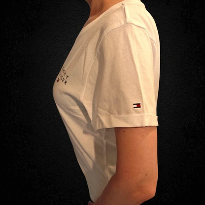 TOMMY HILFIGER Camiseta original, cuello redondo, estampado de logo, para mujer